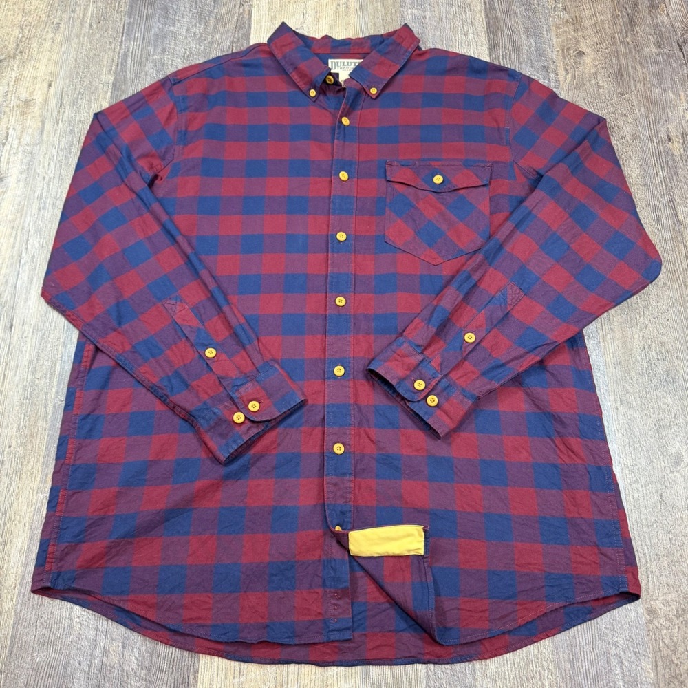 Duluth Trading Co Button Down Shirt Mens 2XL Tall Burgundy Navy Plaid Trim Fit